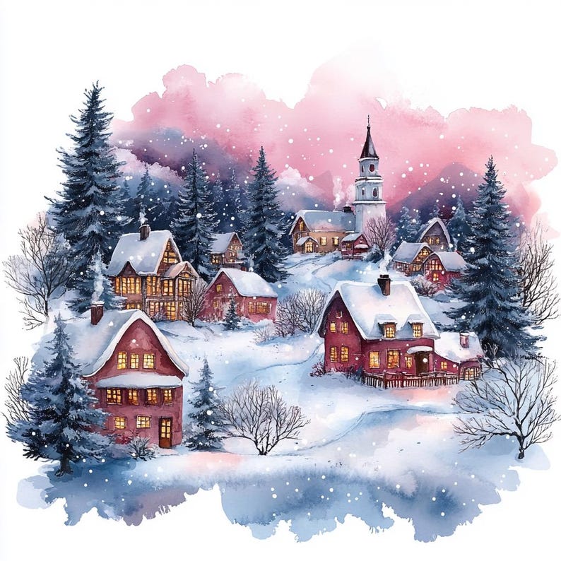 Christmas Village Clipart: Watercolor Winter Houses (JPG Digital ...