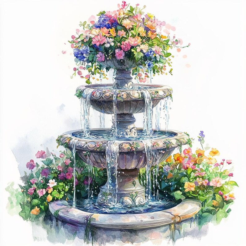 12 Garden Fountains Clipart, Floral Fountain, Floral Garden, Printable Watercolor, High-Quality JPGs, Papercraft, Junk Journal,Digital Craft