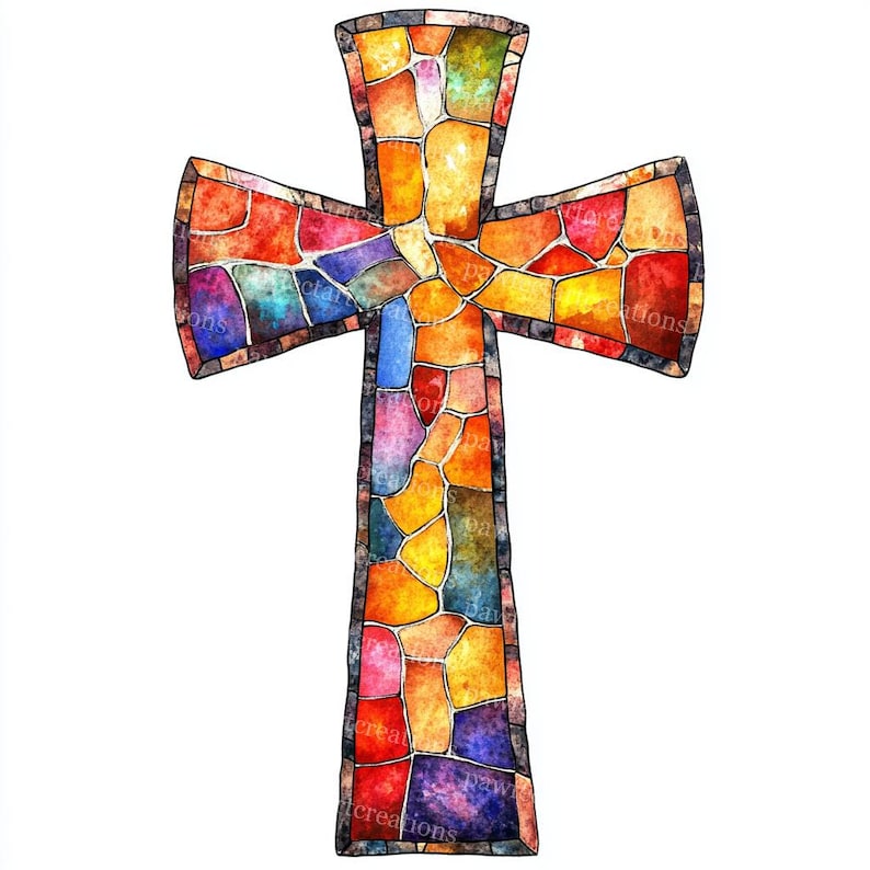 May include: A colorful cross design with a stained glass effect. The cross features a mosaic of irregular shapes in shades of red, orange, yellow, blue, and purple, outlined in dark gray.