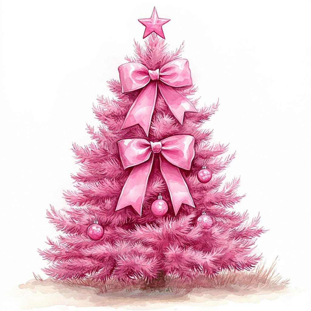 Pink Christmas Tree Clipart: Watercolor Holiday Card Making (digital ...