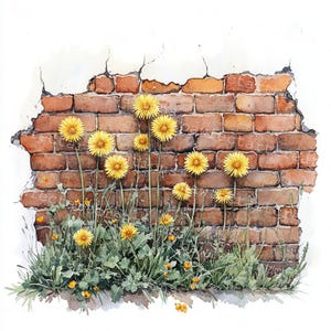 Pode incluir: Uma pintura em aquarela de uma parede de tijolos com dentes-de-le&atilde;o amarelos crescendo nas rachaduras. A parede est&aacute; parcialmente quebrada e os dentes-de-le&atilde;o est&atilde;o em plena flora&ccedil;&atilde;o.