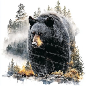 23 Schwarzer Bär und Bergwald Clipart, Schwarzbär, Bergwald Kunst, druckbare Aquarell JPGs, Papiermodell, Junk Journal