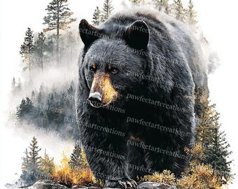 23 Black Bear and Mountain Forest Clipart, Black Bear, Mountain Forest Art,Printable Watercolor JPGs, Papercraft, Junk Journal