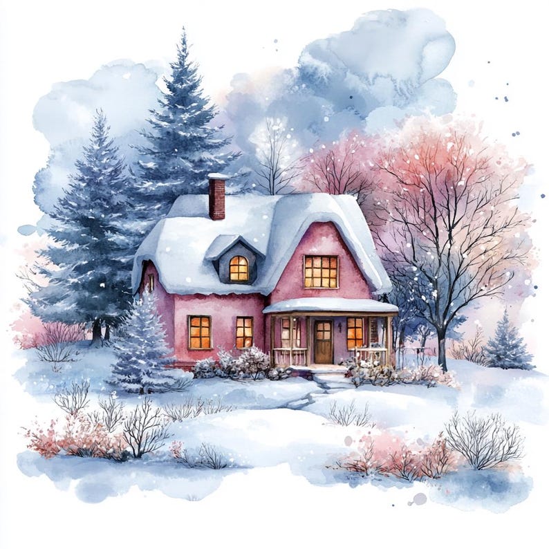 Christmas Village Clipart: Watercolor Winter Houses (JPG Digital ...