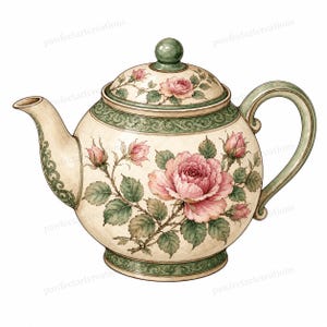 May include: A cream-coloured ceramic teapot featuring a hand-painted floral design of pink roses, green leaves, and thorny stems. The teapot includes a matching lid with a knob, a curved handle, and a decorative green border with scrollwork.