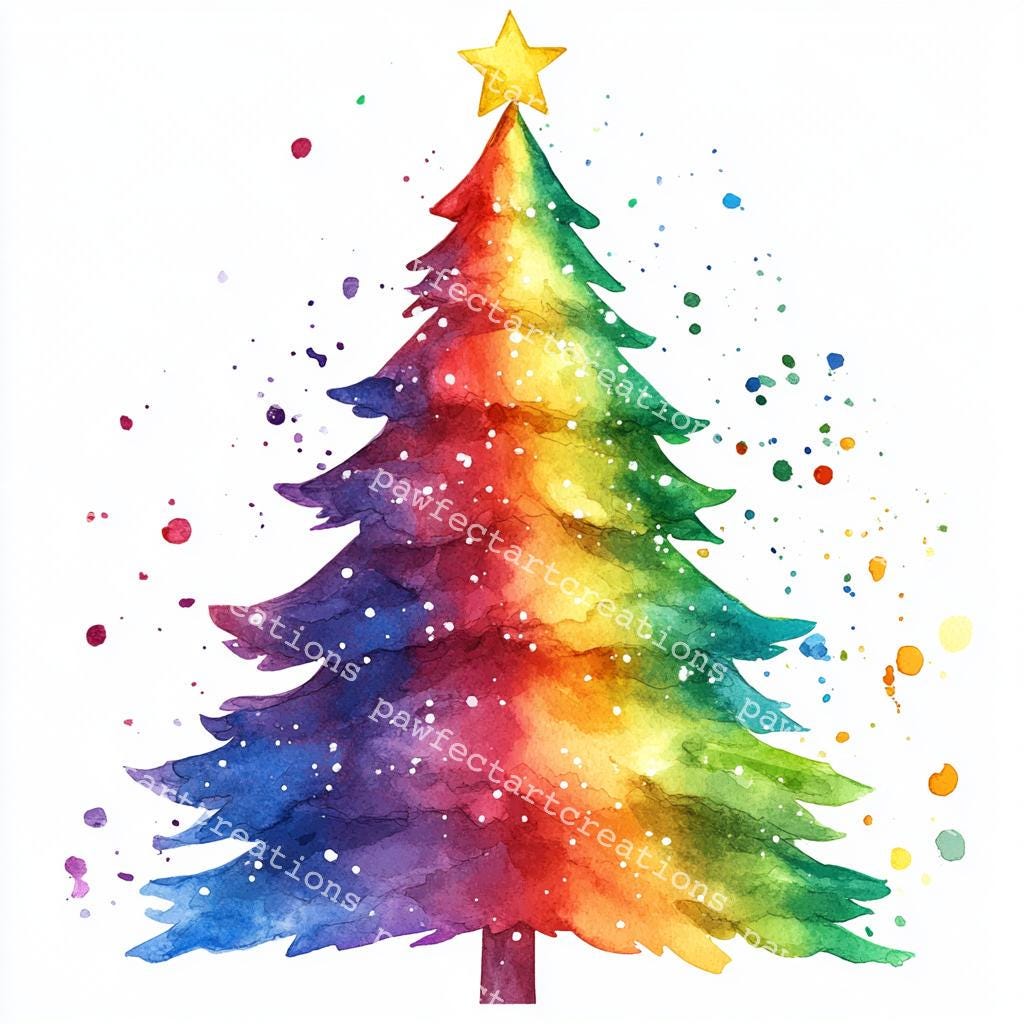 12 虹色のクリスマスツリーのクリップアート：クラフト用水彩 JPG
