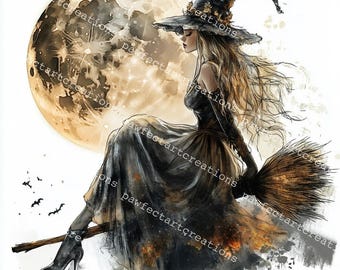 15 Witch With Moon Clipart, Halloween Clipart, Witch and Witchcraft, Printable Watercolor, High-Quality JPGs,Papercraft, Junk Journal