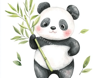 10 Cute Panda With Bamboo Clipart, Cartoon Panda Clipart, Panda Crafts,Printable Watercolor, High-Quality JPGs, Junk Journal, Digital Craft,