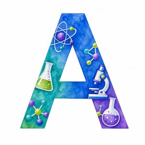 May include: A capital letter A with a watercolor gradient from green to blue to purple. The letter is decorated with scientific illustrations including an atom, a molecular structure, a green liquid in a flask, a microscope, and a purple liquid flask.