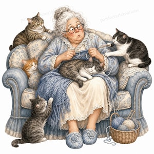 May include: An elderly person with grey hair in a bun and round glasses sits in a blue floral armchair, knitting with blue yarn. Five cats of various colours, including tabby and black and white, surround the person. A basket of yarn sits nearby.