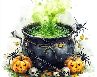 Clipart Heksenketel: Halloween-aquarelkunst (digitale download)