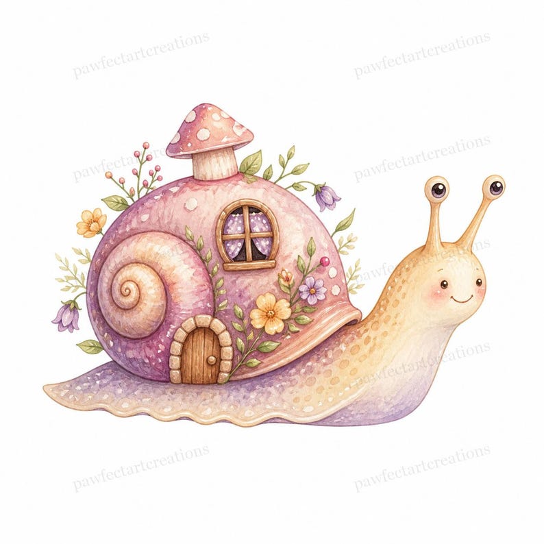 20 Cottage Mushroom Snail Clipart, Watercolor JPG Clipart Bundle, Digital Download, Commercial Use, Printable Art