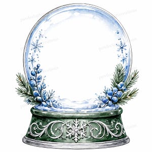 Puede incluir: Una bola de nieve en acuarela con una cúpula de cristal transparente con detalles de copos de nieve azules, ramas de pino y bayas azules. La base es de color verde oscuro con volutas plateadas y un copo de nieve central.