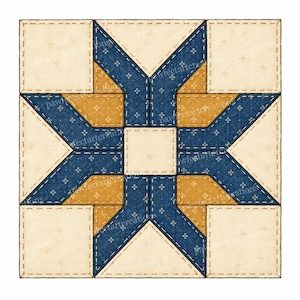 Op de afbeelding: Een vierkant quiltblok met een centraal sterpatroon. De compositie bestaat uit crèmekleurige stof met een subtiel kruispatroon, mosterdgele segmenten en donkerblauwe stof met een kleine witte bloemenprint, allemaal verbonden door zichtbare stiksels.