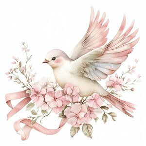10 Bird with Pink Floral Clipart, Bird With Bow Clipart, Bird And Blossom, Printable Watercolor, High-Quality JPGs, Papercraft, Junk Journal
