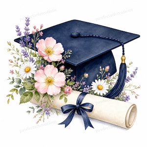 Pode incluir: Ilustração em aquarela de um chapéu de formatura, diploma e arranjo floral. O chapéu azul marinho tem uma borla com um detalhe dourado. O diploma é amarrado com uma fita azul marinho. Flores incluem rosa, branco e roxo.
