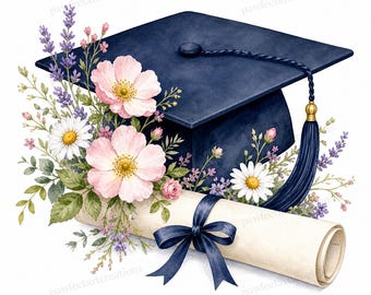 May include: A watercolour illustration featuring a navy blue graduation cap, a scroll, and a floral arrangement. The scroll is tied with a navy blue ribbon. The flowers include pink, white, and purple blooms. The cap has a gold tassel.