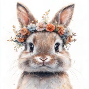 10 conejos peludos, lindo conejito con una corona de flores, guardería de conejitos, acuarela imprimible, archivos JPG y PNG de alta calidad, diario basura