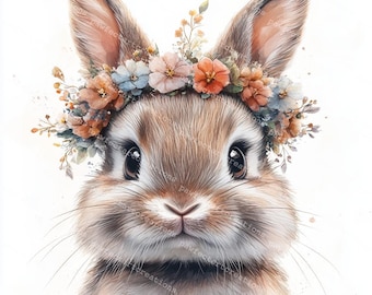 Bunny Clipart: Watercolor Rabbit with Flower Crown (JPG & PNG Digital Download)