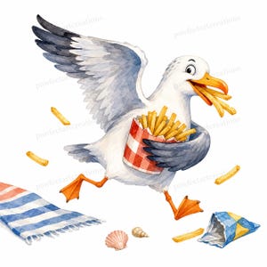 20 divertenti clipart di gabbiani che mangiano snack in spiaggia, scene di uccelli costieri con spuntini in stile acquerello JPG per il download digitale e l'uso commerciale
