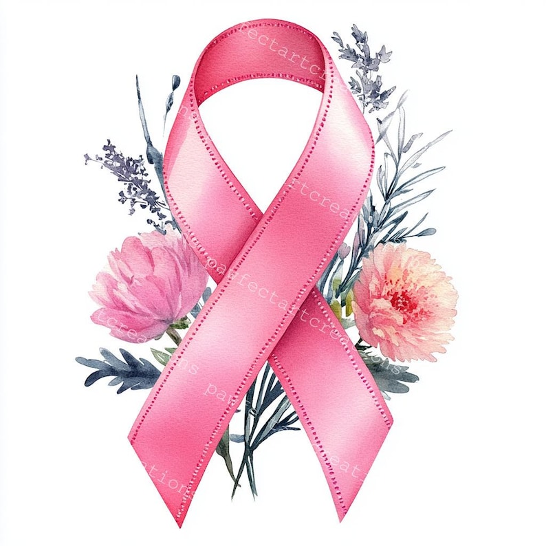 13 Pink Awareness Ribbon with flower Clipart, Breast Cancer Awareness, Printable Watercolor, High-Quality JPGs, Papercraft Junk Journal, Digital Craft