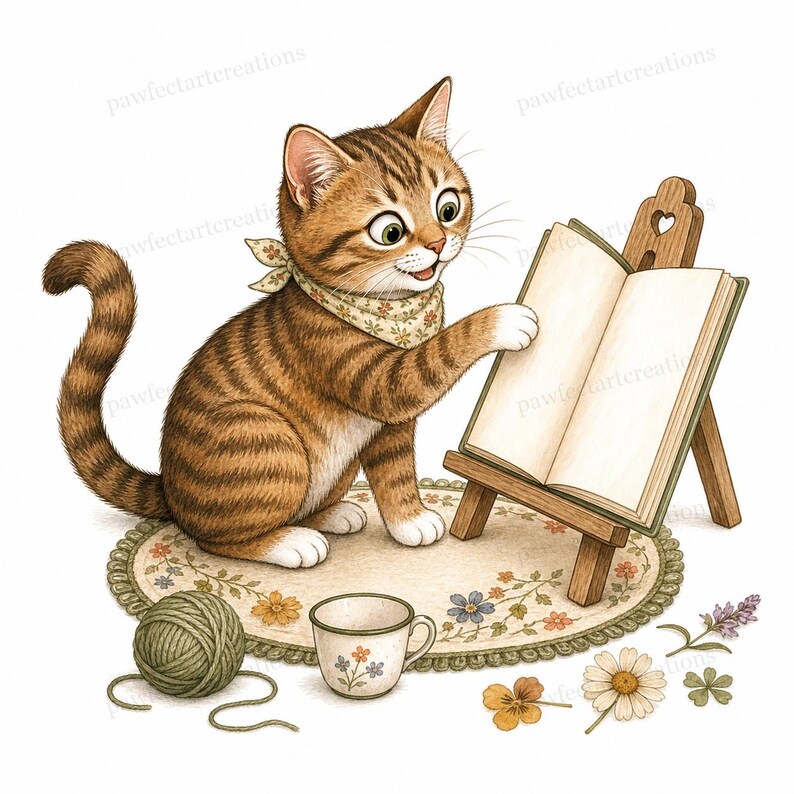 20 Cottagecore Reading Cats Clipart