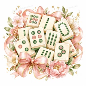 May include: Watercolor illustration of Mahjong tiles arranged with pink flowers, ribbons, and gold accents. The tiles feature green and red markings. The design has a soft, feminine aesthetic, perfect for game enthusiasts.
