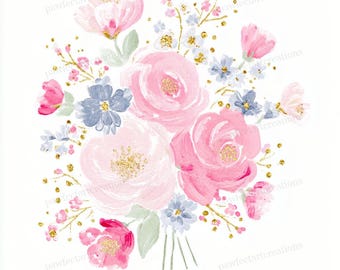 38 Hand Drawn Floral Bouquet Clipart, Watercolor Flower Arrangement Art, Pastel Floral JPGs, Digital Download, Commercial Use