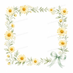Può includere: Cornice floreale ad acquerello con margherite gialle e foglie verdi. Un nastro verde chiaro è legato nell'angolo in basso a destra. Ideale per inviti, biglietti o progetti artigianali.