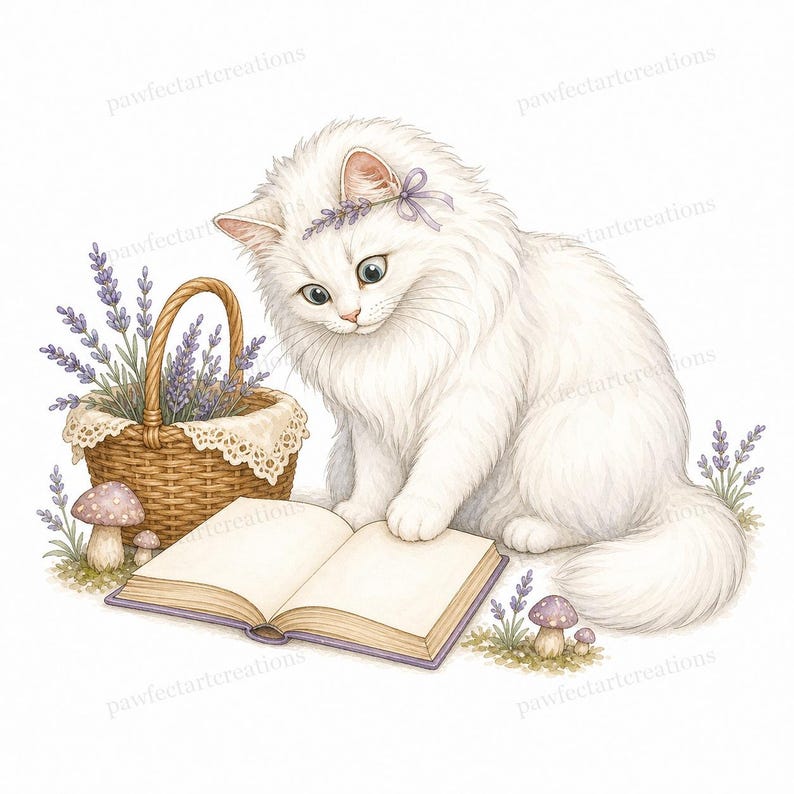 20 Cottagecore Reading Cats Clipart