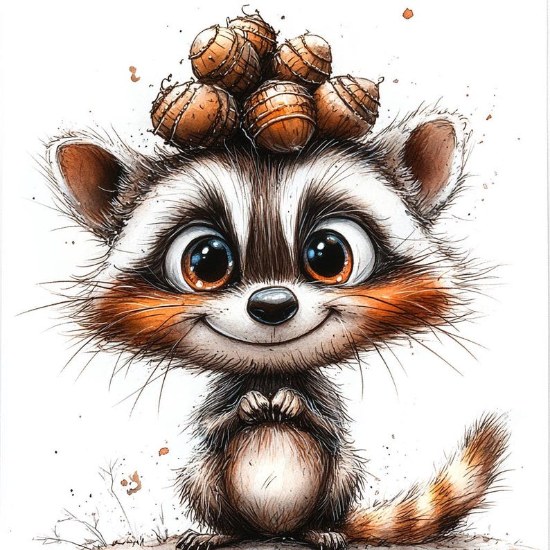 11 Funny Quirky Raccoon Clipart, Cute Raccoon, Printable Watercolor, High-Quality JPGs, Papercraft, Junk Journal, Digital Craft, Card Making