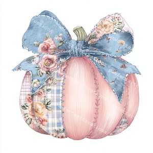 May include: A pink pumpkin illustration with a blue floral bow. The pumpkin is segmented with stitched seams. The bow features a floral pattern and the text "Pawfectartcreations".