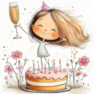 10 Clipart di ragazze di compleanno stravaganti, Clipart di compleanno, Acquerello stampabile, JPG di alta qualità, Papercraft, Junk Journal, Artigianato digitale
