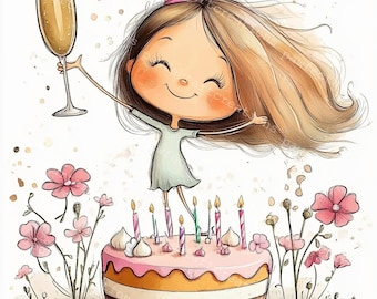 10 Quirky Birthday Girl Clipart, Birthday Clipart, Printable Watercolor, High-Quality JPGs, Papercraft, Junk Journal, Digital Craft