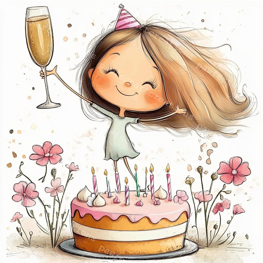 10 Quirky Birthday Girl Clipart, Birthday Clipart, Printable Watercolor, High-Quality JPGs, Papercraft, Junk Journal, Digital Craft