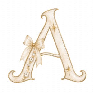 May include: A decorative letter A in a cream and gold color palette, featuring a translucent ribbon bow tied to the left side. The letter is embellished with a vertical string of clear, faceted circular gems and two gold starburst accents.