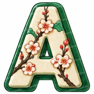 Könnte beinhalten: Ein dekorativer Buchstabe A mit einer cremefarbenen Oberfläche und einem dunkelgrünen Rand. Der Buchstabe ist mit braunen Zweigen, hellrosa Kirschblüten und kleinen roten Knospen verziert, die ein detailliertes Blumenmuster bilden.