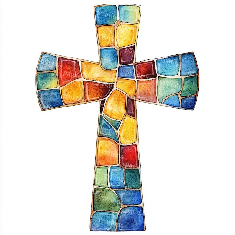May include: A colorful cross design with a stained glass effect. The cross features a mosaic of vibrant colors including blue, red, yellow, and green, outlined in a gold tone. The design is set against a white background.