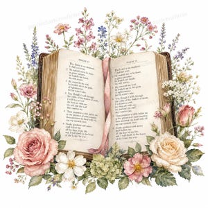 Könnte beinhalten: Ein aufgeschlagenes Buch mit Psalm 23 auf den Seiten, umgeben von einem Aquarellarrangement aus rosa Rosen, weißen Blumen und grünen Blättern. Ein dünnes rosa Lesezeichenband hängt in der Mitte des Buches, das gealtertes Papier zeigt.