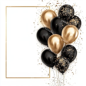 Può includere: Uno sfondo bianco con una cornice dorata e un gruppo di palloncini neri e dorati. I palloncini sono legati insieme con dei fili e sono circondati da coriandoli dorati.