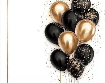 Könnte beinhalten: Ein weißer Hintergrund mit einem goldenen Rahmen und einem Bündel schwarzer und goldener Ballons. Die Ballons sind mit Schnüren zusammengebunden und von goldenem Konfetti umgeben.