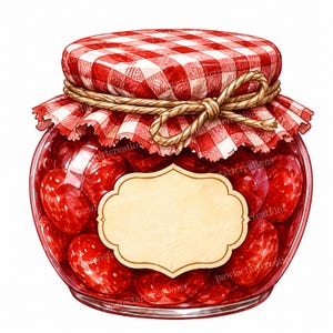 Könnte beinhalten: Ein Glasgefäß gefüllt mit roten Erdbeeren, bedeckt mit einem rot-weiß karierten Stoffdeckel, der mit einer gebundenen Juteschnur befestigt ist. Ein leeres, hellbeiges Etikett mit gewelltem Rand ist vorne auf dem Glasgefäß zentriert.