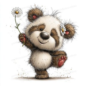 Puede incluir: Ilustración de un oso panda con pelaje marrón y blanco, sosteniendo una margarita. El panda tiene una margarita en la oreja y está de pie sobre un pie, sonriendo. La imagen tiene una apariencia suave y texturizada.