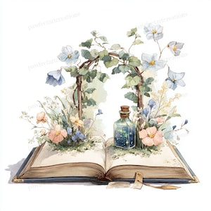 May include: Watercolor illustration of an open book with a blue cover, adorned with flowers and greenery. A glass bottle with a cork stopper sits on the pages, filled with a starry substance. A decorative arch frames the scene.