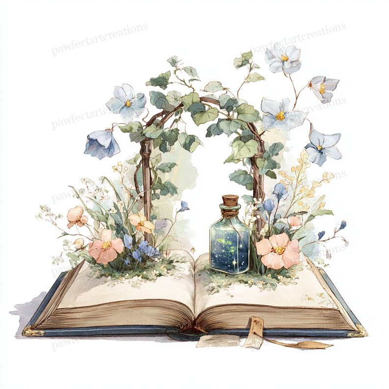 May include: Watercolor illustration of an open book with a blue cover, adorned with flowers and greenery. A glass bottle with a cork stopper sits on the pages, filled with a starry substance. A decorative arch frames the scene.