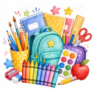 May include: A watercolor illustration of school supplies including a teal backpack, a yellow polka-dot pencil cup with colored pencils and brushes, a purple pencil case with scissors, a watercolor paint set, a red apple, crayons, and notebooks.
