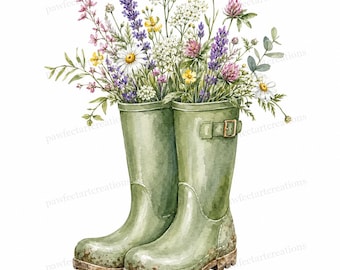 20 Garden Boots Wildflowers Clipart, Garden Boots Wildflowers Watercolor JPG Bundle, Digital Download, Commercial Use