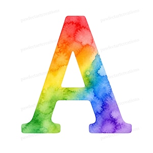 Puede incluir: Una letra "A" de acuarela en un degradado arcoíris de rojo, naranja, amarillo, verde, azul y morado. La letra tiene un aspecto texturizado y artístico, con los colores mezclándose. El fondo es blanco.