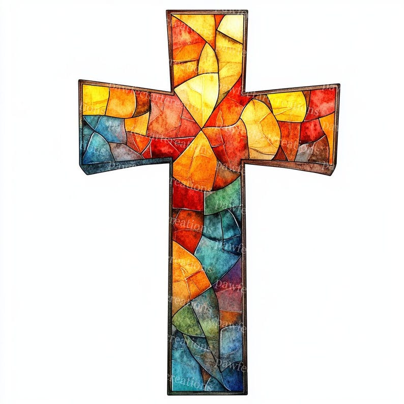 May include: A stained-glass cross with a mosaic design. The cross features a variety of colors, including red, orange, yellow, blue, and green. The cross is outlined in a dark brown color.