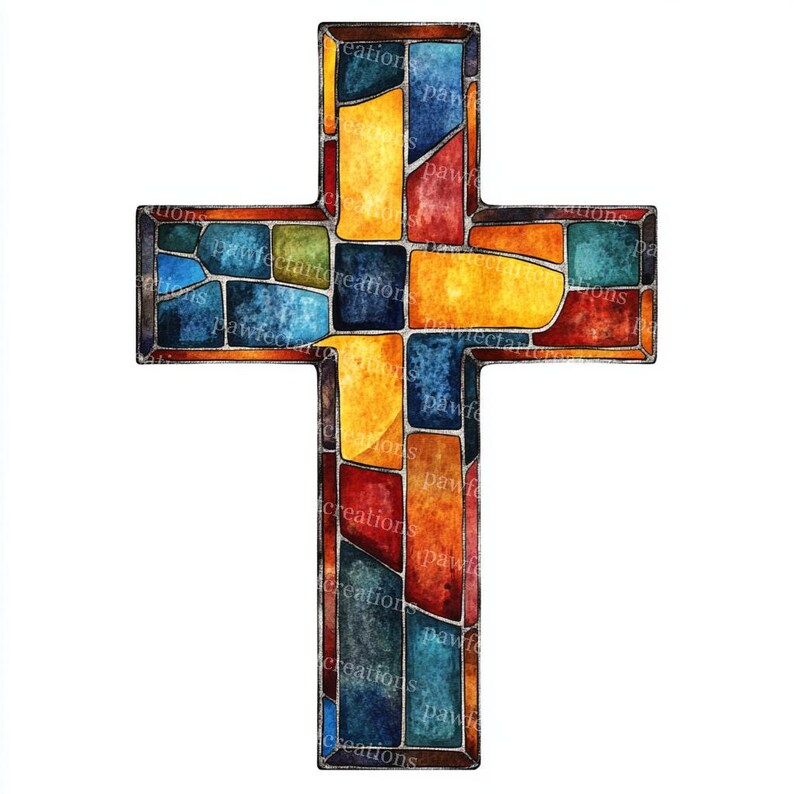 May include: A colorful cross design with a stained glass effect. The cross features a mosaic of rectangular and irregular shapes in shades of yellow, orange, red, blue, and green, outlined in a dark border. The design is set against a white background.